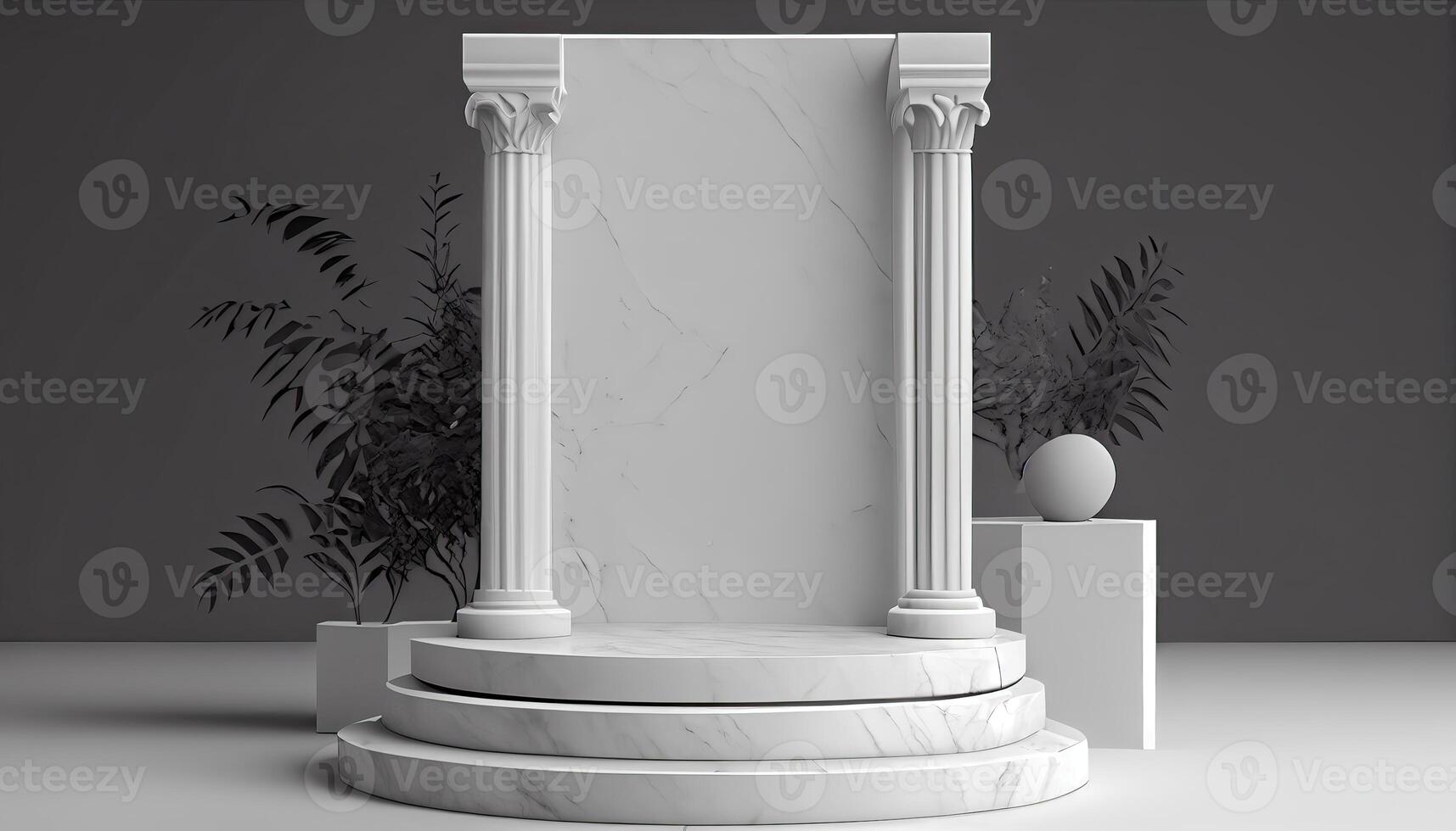 Marble product display on black background with modern backdrops studio. Empty pedestal or podium platform. photo