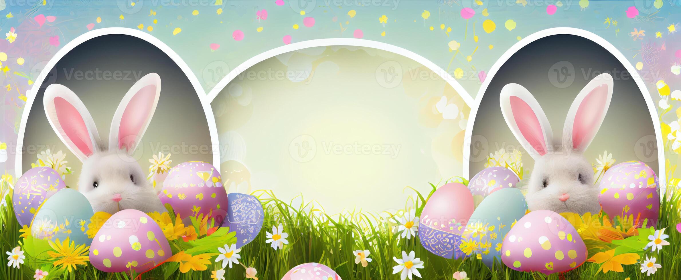 easter bunny and easter eggs on a meadow. photo