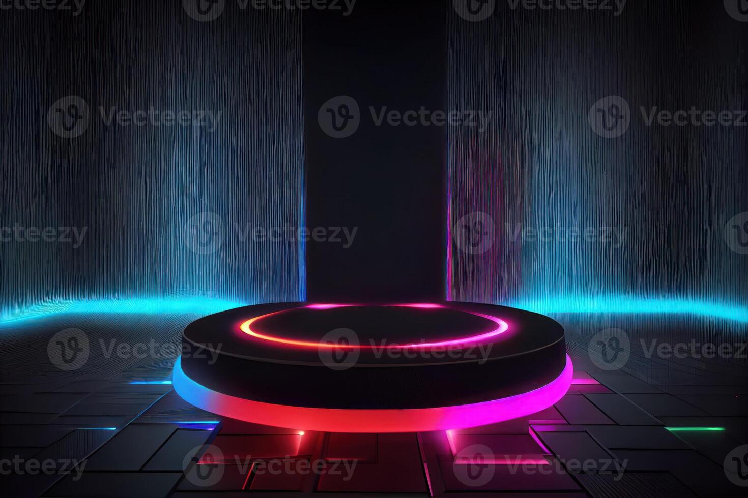 Black circle pedestal with multicolored neon dark background. photo