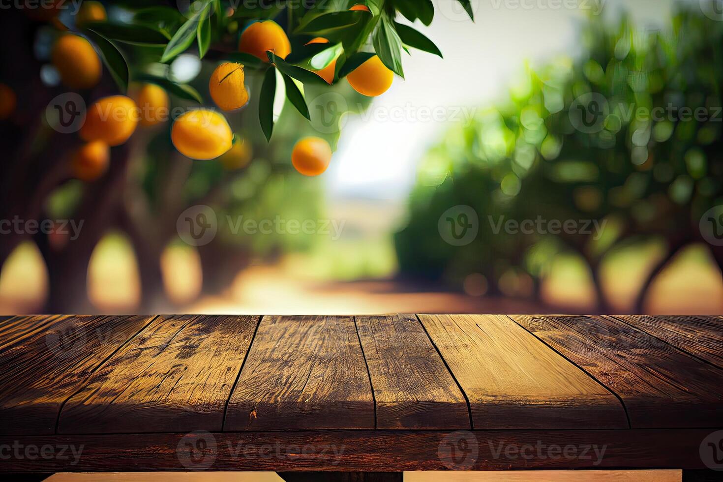 vacío madera mesa con gratis espacio terminado naranja árboles, naranja campo antecedentes. para producto monitor montaje. de madera mesa sitio de gratis espacio para su. generativo ai foto