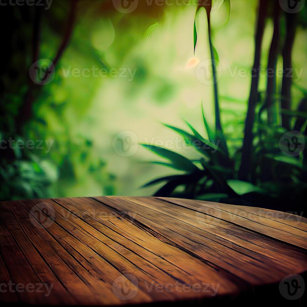 wooden table background for Empty show for packaging product presentation. Background for cosmetic products, the scene with green leaves. . photo