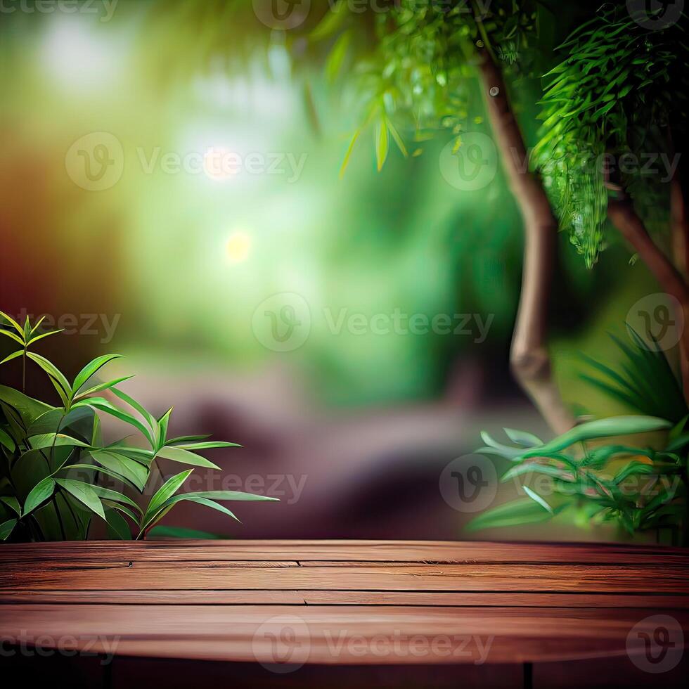 wooden table background for Empty show for packaging product presentation. Background for cosmetic products, the scene with green leaves. . photo
