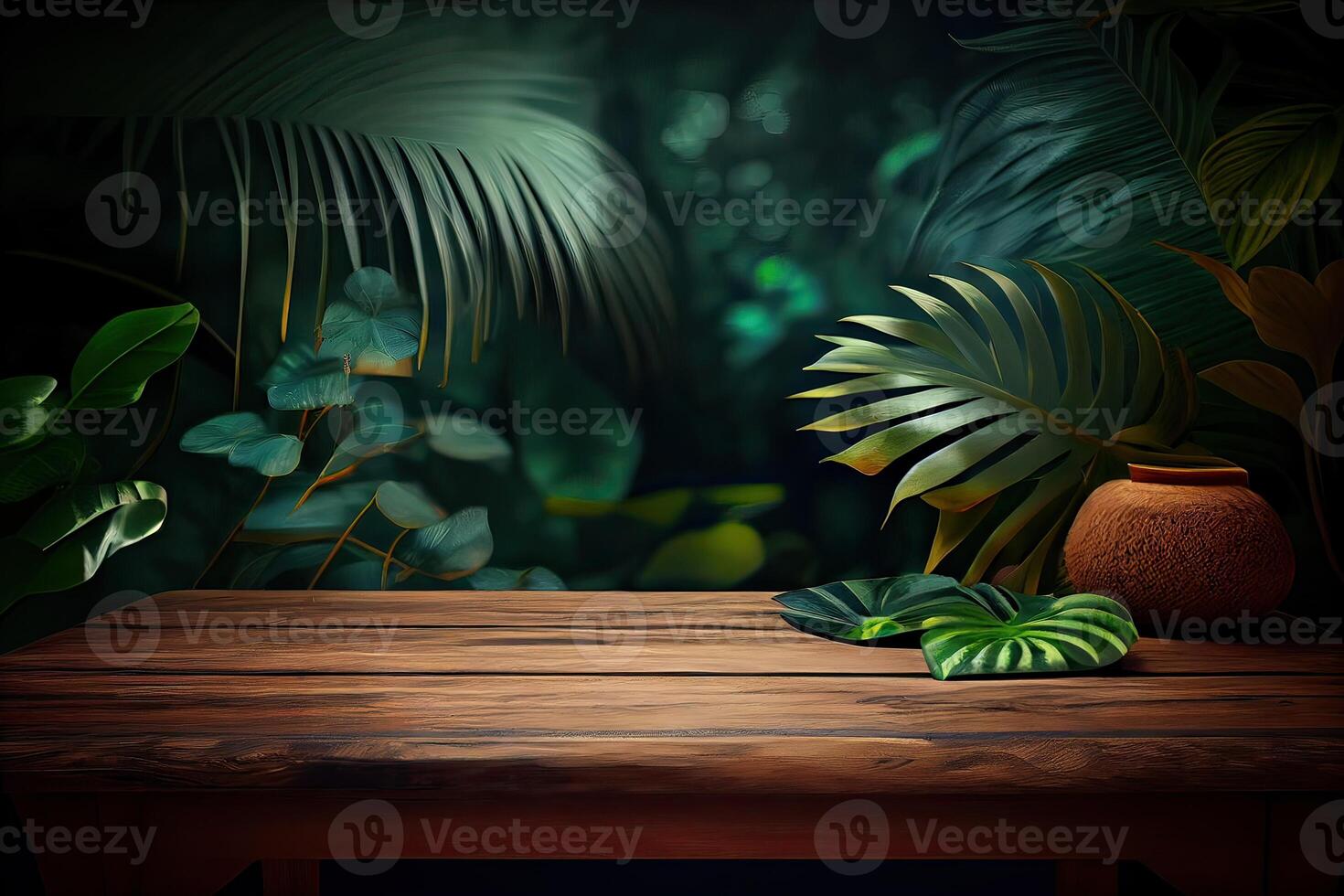 wooden table background for Empty show for packaging product presentation. Background for cosmetic products, the scene with green leaves. . photo