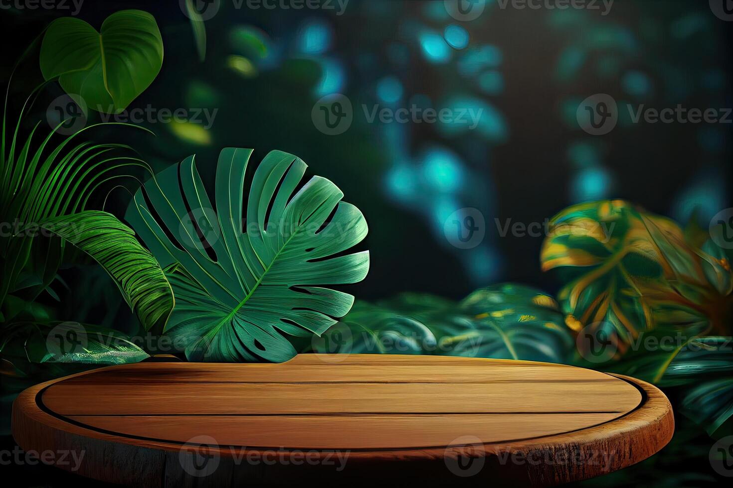wooden table background for Empty show for packaging product presentation. Background for cosmetic products, the scene with green leaves. . photo