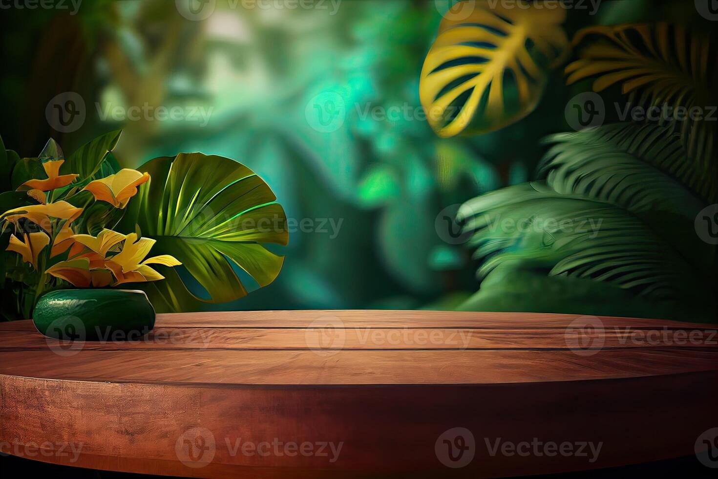 wooden table background for Empty show for packaging product presentation. Background for cosmetic products, the scene with green leaves. . photo