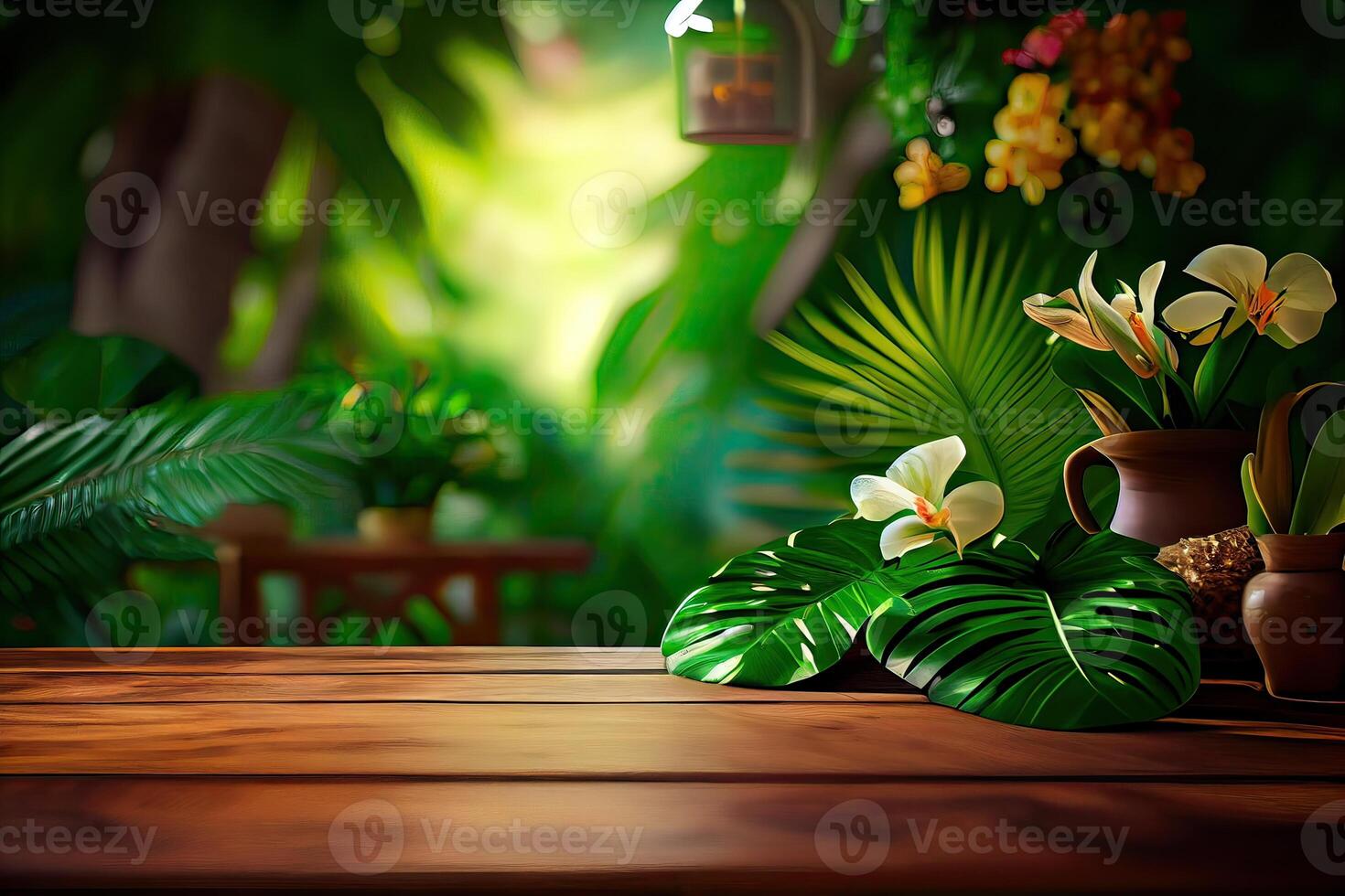 wooden table background for Empty show for packaging product presentation. Background for cosmetic products, the scene with green leaves. . photo