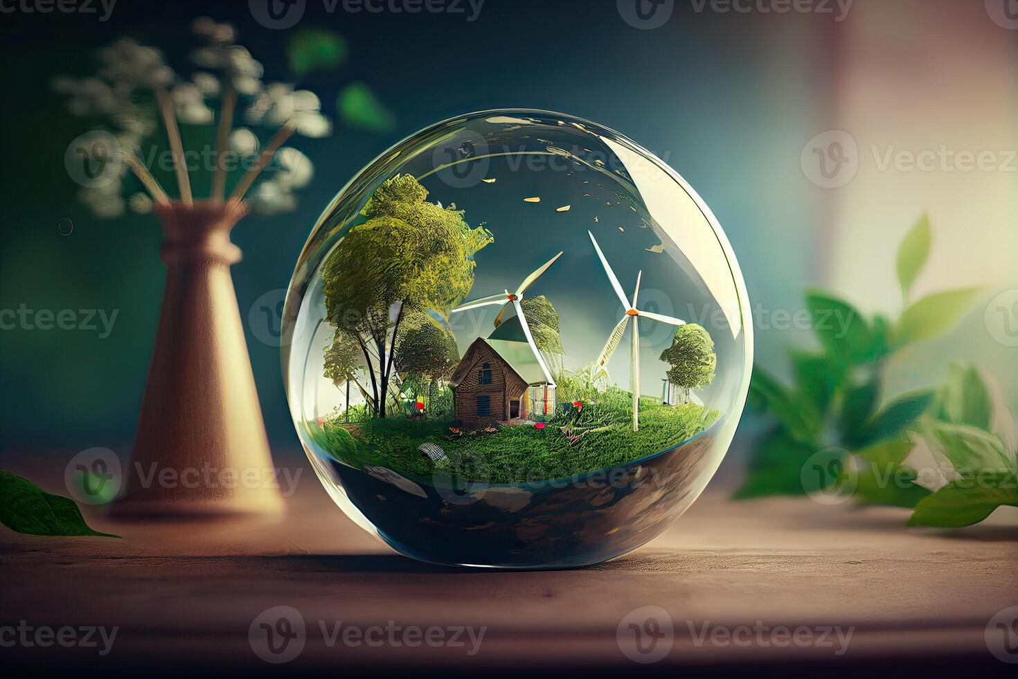 Earth crystal glass globe ball and growing tree laying on the table. Saving environment, save clean planet, ecology concept. Card for World Earth Day. . photo