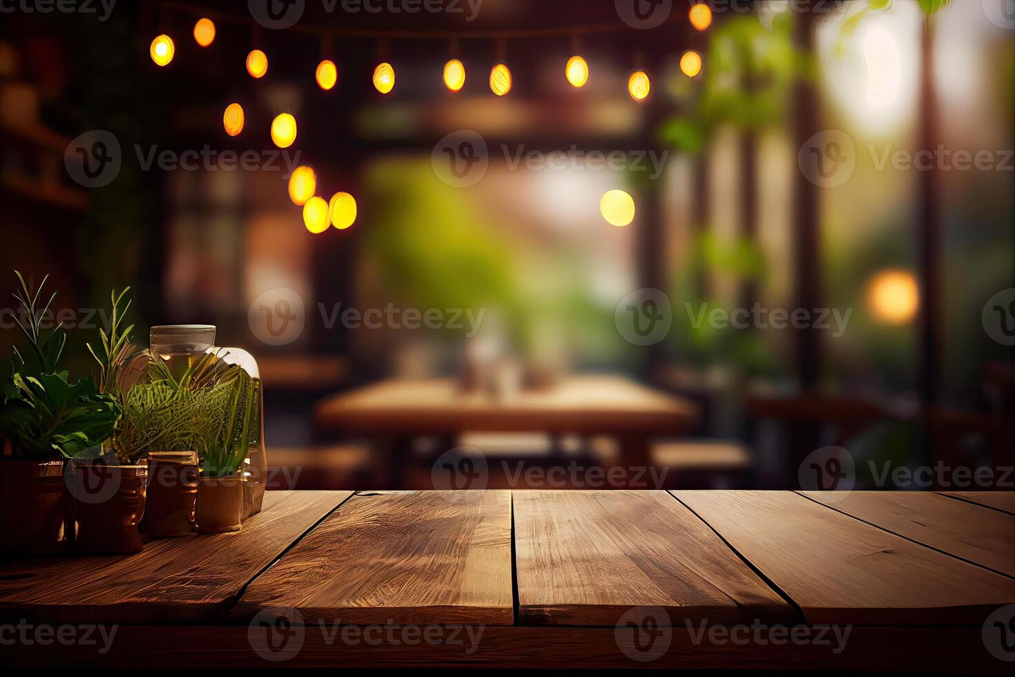 image of wooden table in front of abstract blurred background of resturant lights. Wood table top on blur of lighting in night cafe,restaurant background. selective focus. photo