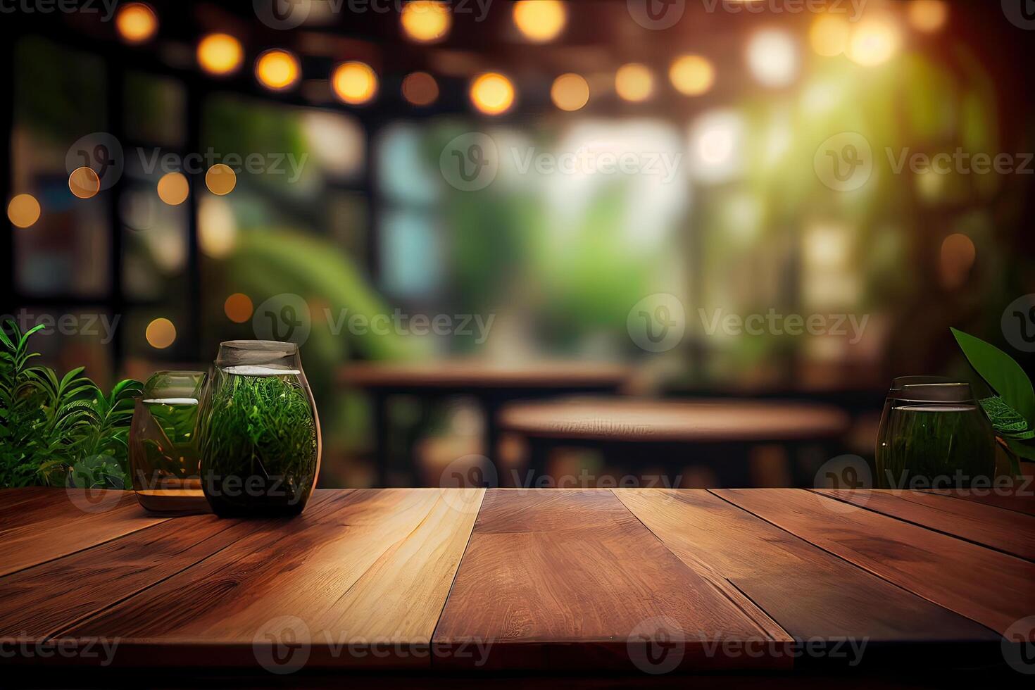 image of wooden table in front of abstract blurred background of resturant lights. Wood table top on blur of lighting in night cafe,restaurant background. selective focus. photo