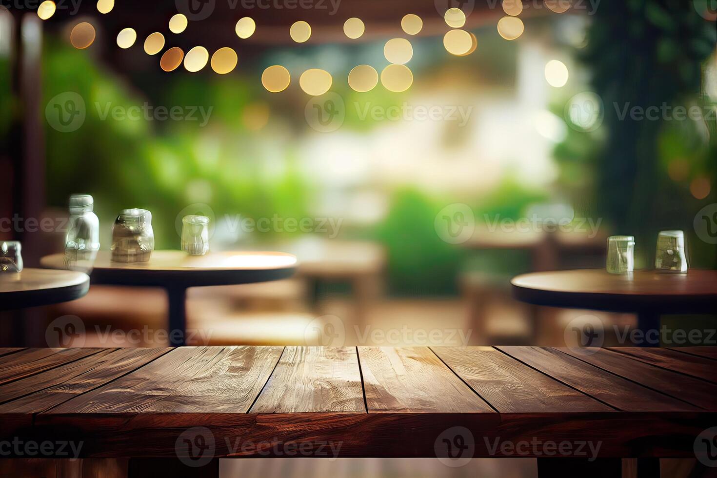 image of wooden table in front of abstract blurred background of resturant lights. Wood table top on blur of lighting in night cafe,restaurant background. selective focus. Generative Ai photo