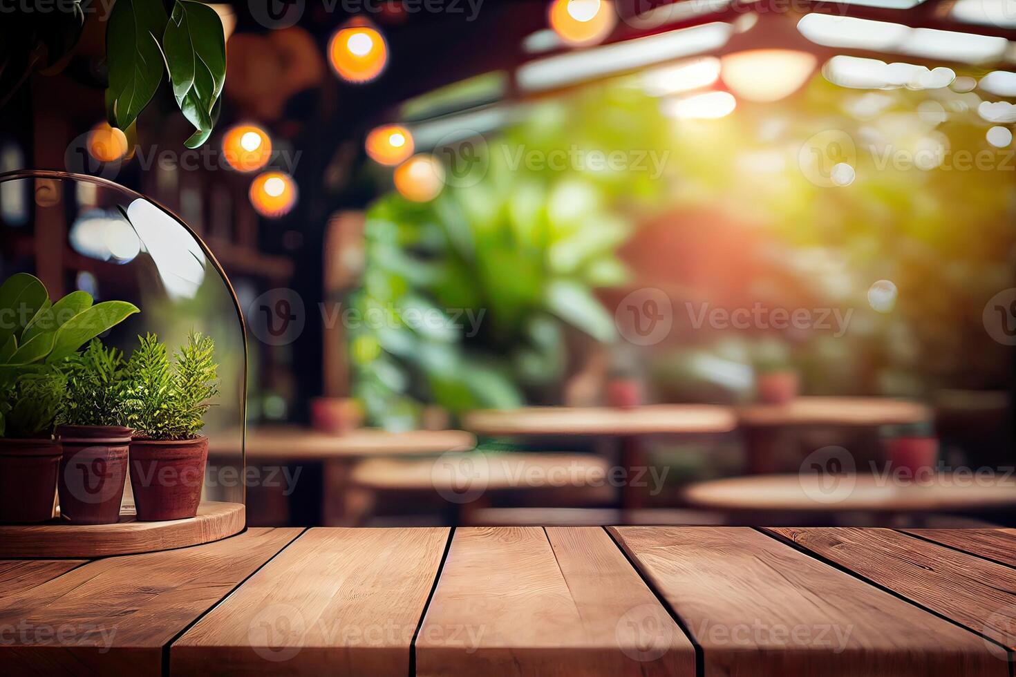 image of wooden table in front of abstract blurred background of resturant lights. Wood table top on blur of lighting in night cafe,restaurant background. selective focus. photo
