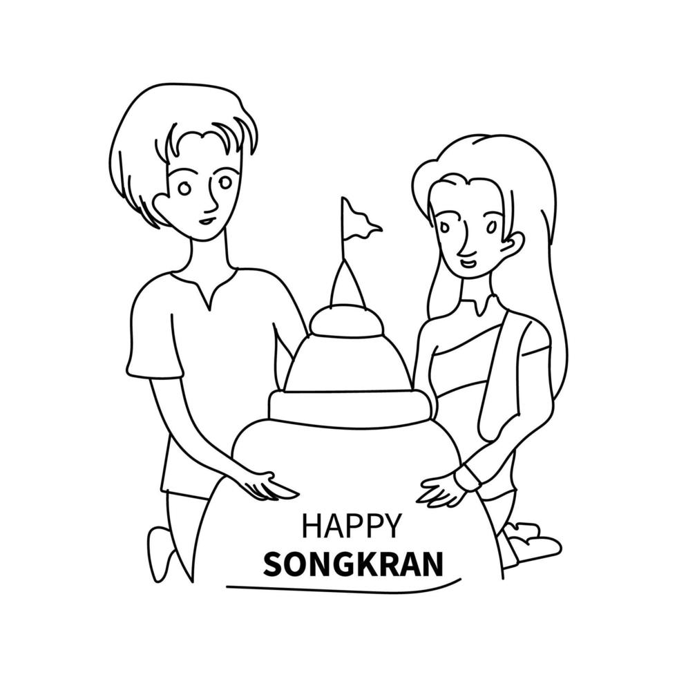 happy songkran festival line art vector