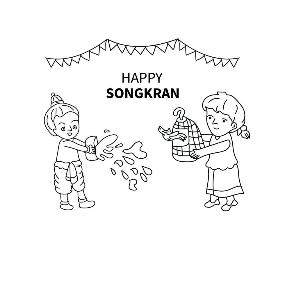 happy songkran festival line art vector