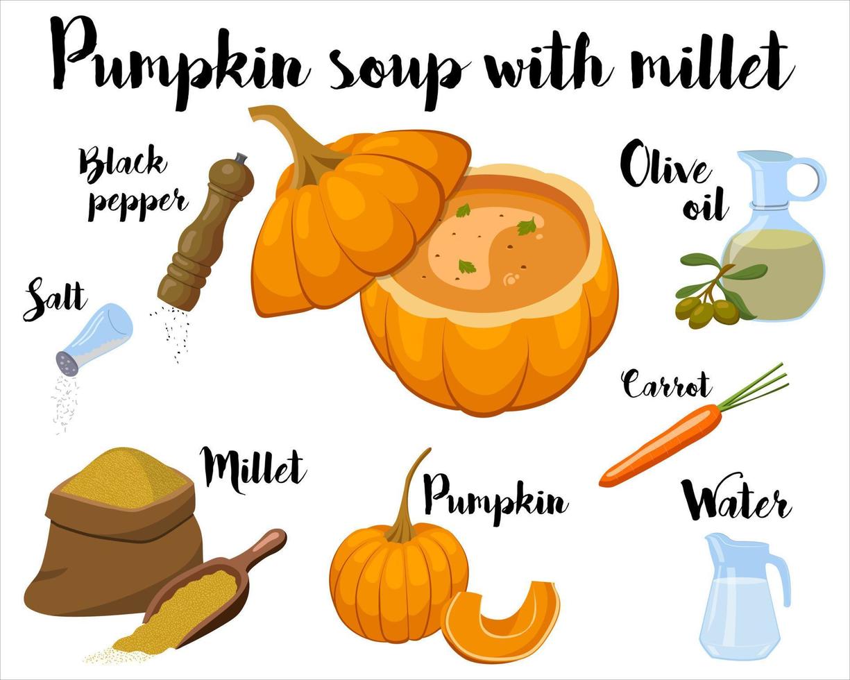 kitchen poster with a recipe for cooking pumpkin soup with millet. Vector illustration on a white background.