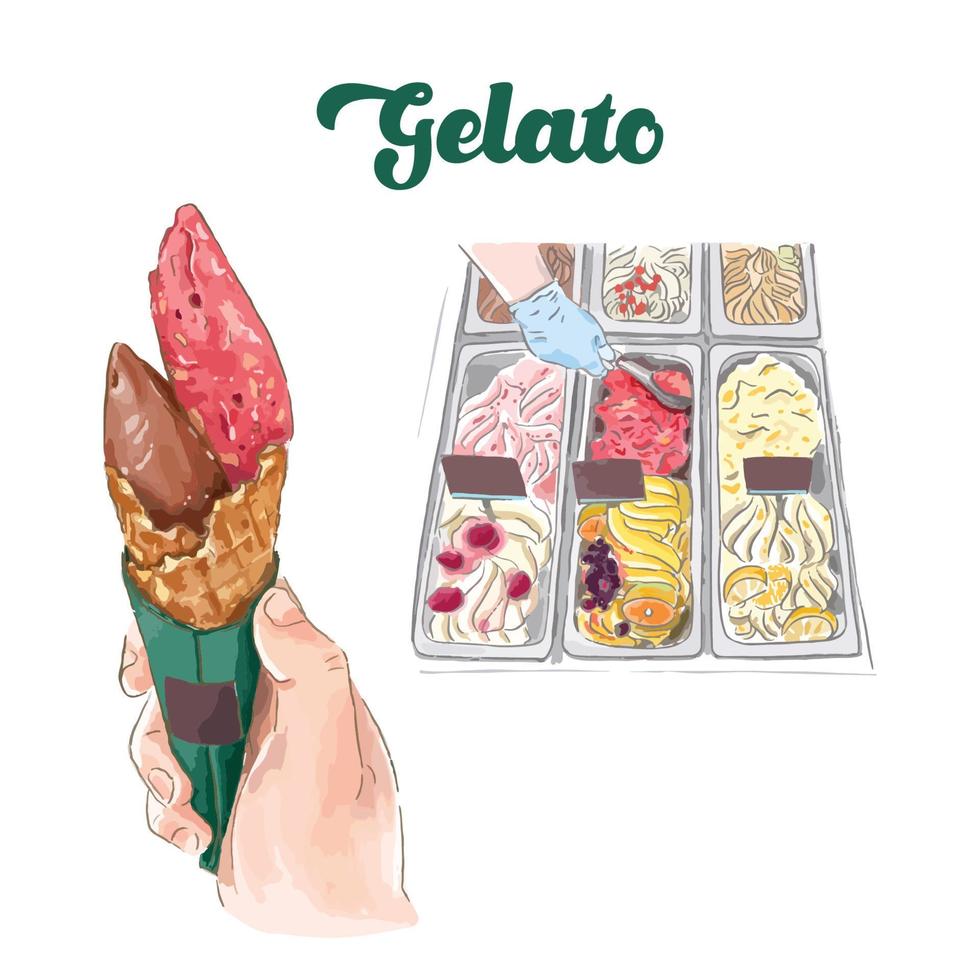 Watercolor Painting of Strawberry and Chocolate Gelato Served in a Cone vector