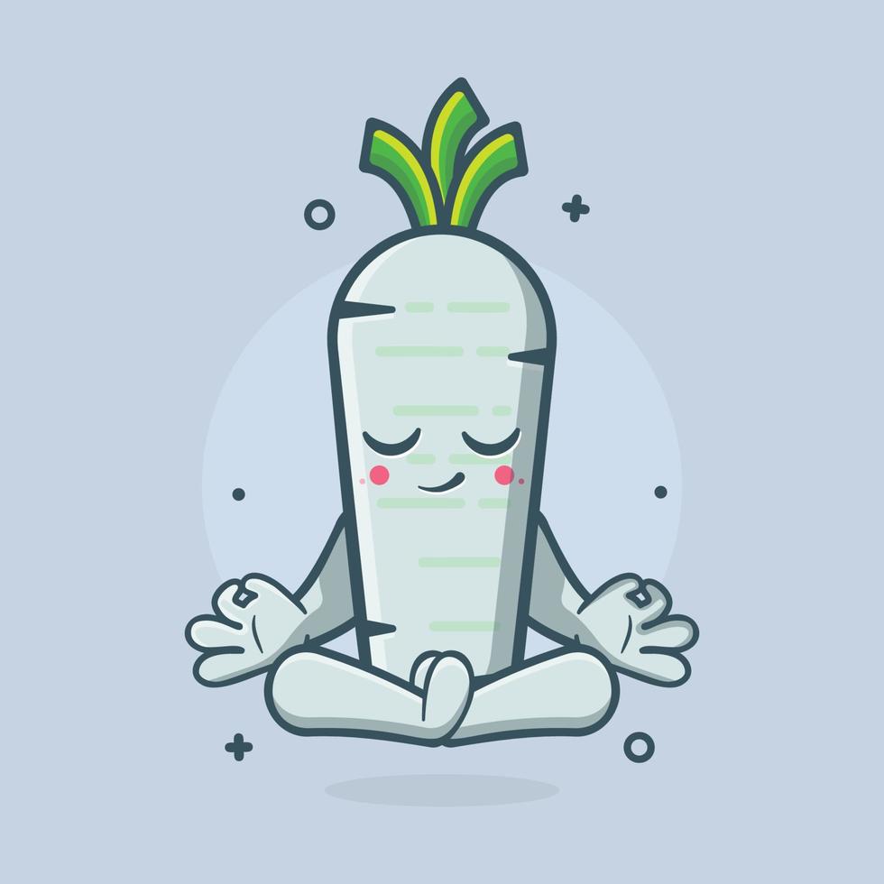 calma blanco rábano vegetal personaje mascota con yoga meditación actitud aislado dibujos animados en plano estilo diseño vector