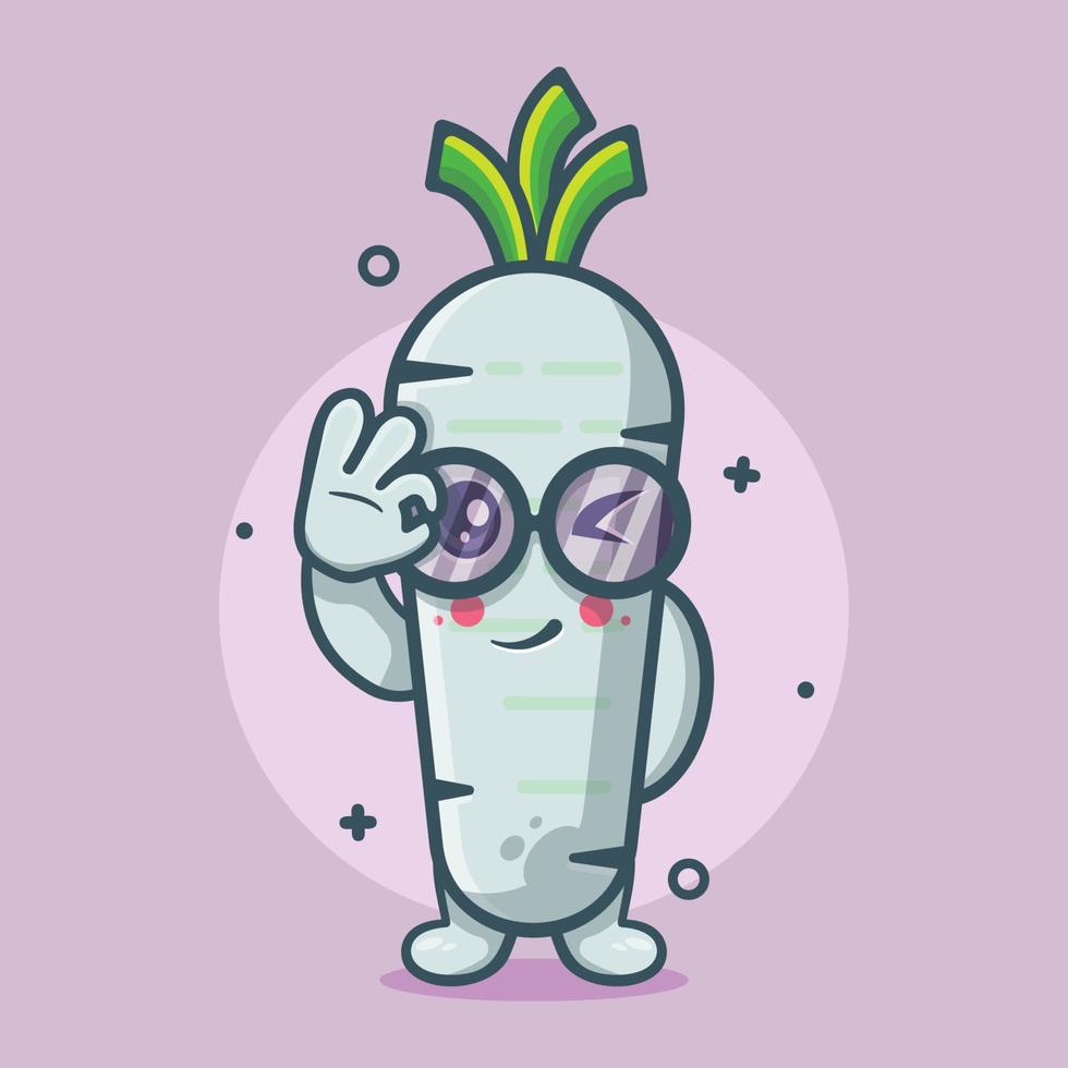 gracioso blanco rábano vegetal personaje mascota con Okay firmar mano gesto aislado dibujos animados en plano estilo diseño vector