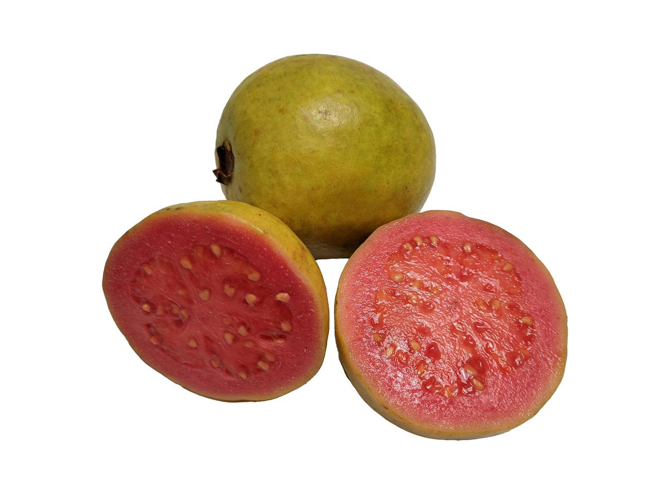 Guava fruit, pink, fresh, isolated on white background. Front view. photo