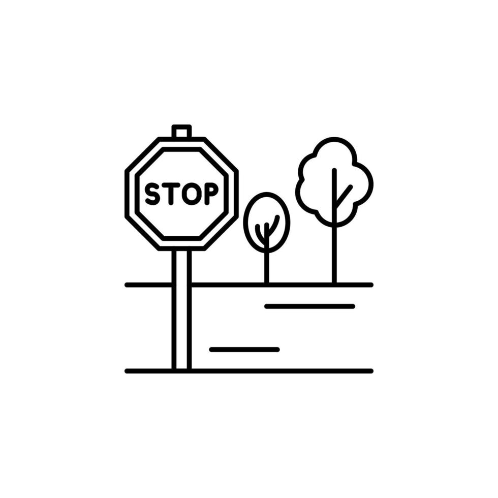 Stop sign, road, trees vector icon