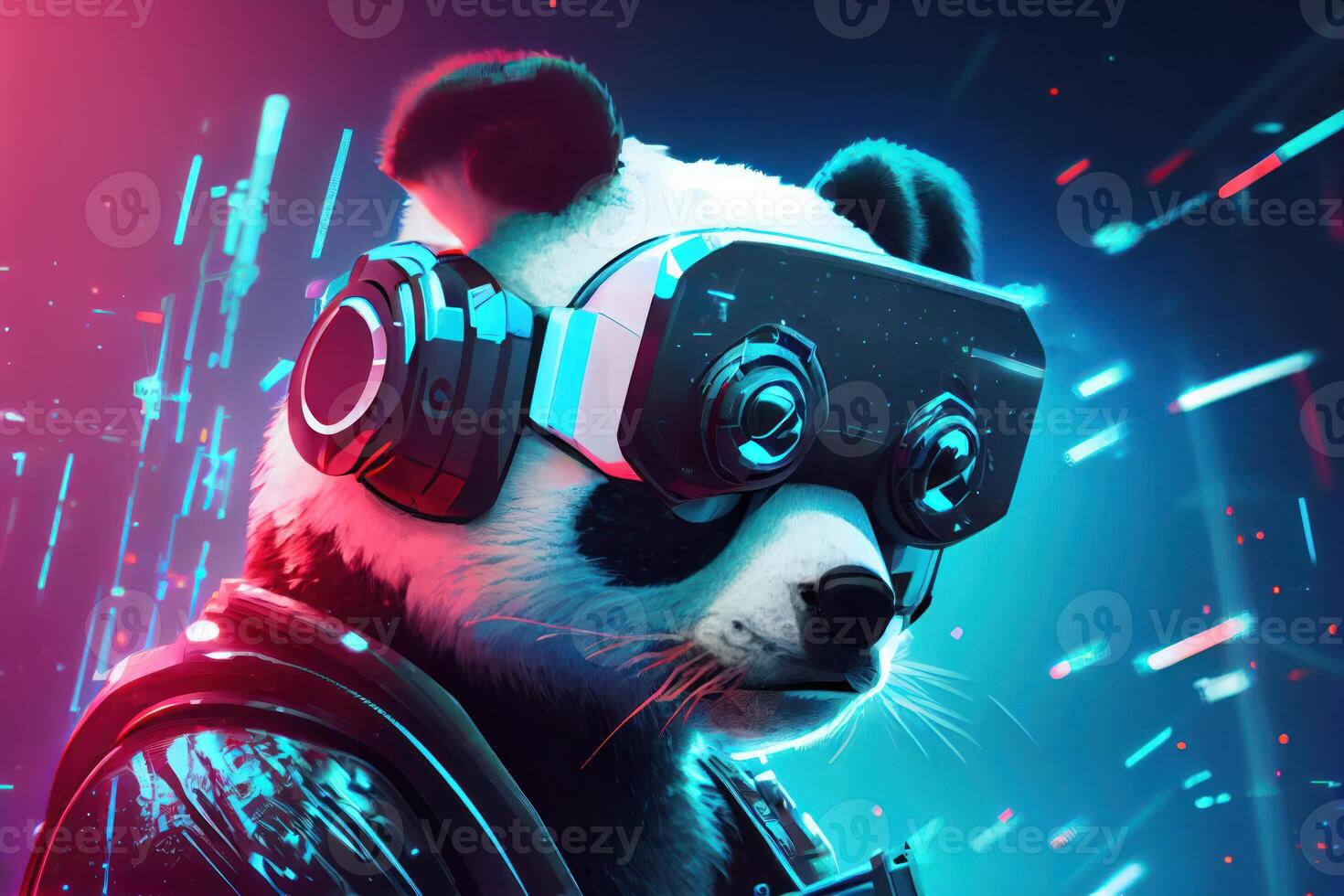 A hologram of a polygonal panda wearing a virtual reality headset on a futuristic neon background. photo