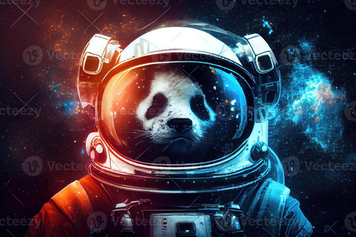 Panda portrait in space suit with galaxy and nebula reflected in helmet glass. photo