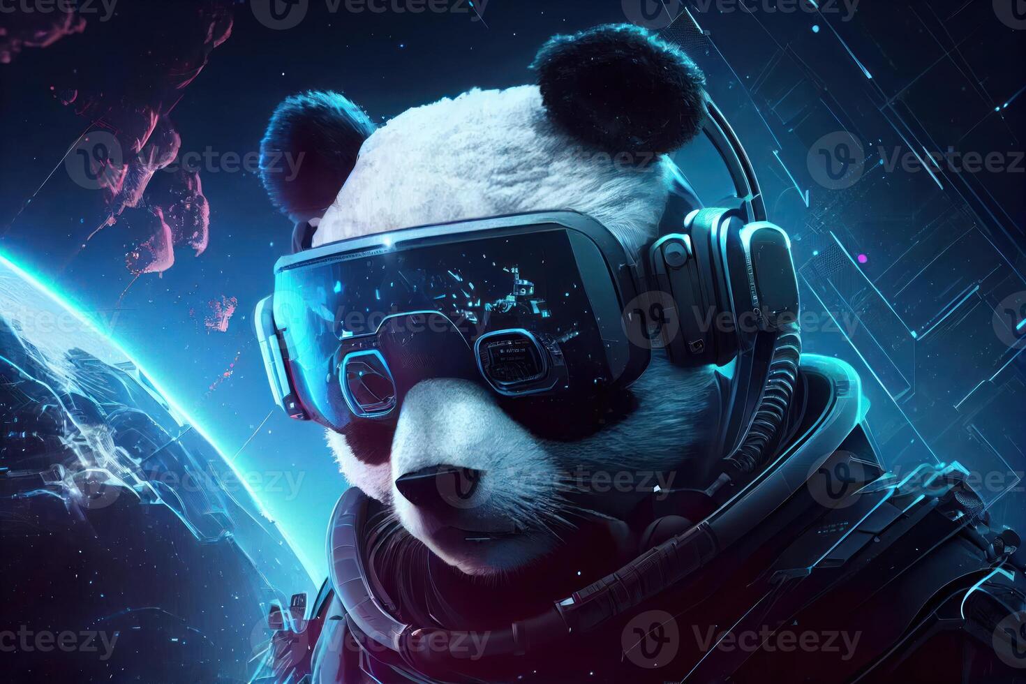 A hologram of a polygonal panda wearing a virtual reality headset on a futuristic neon background. photo