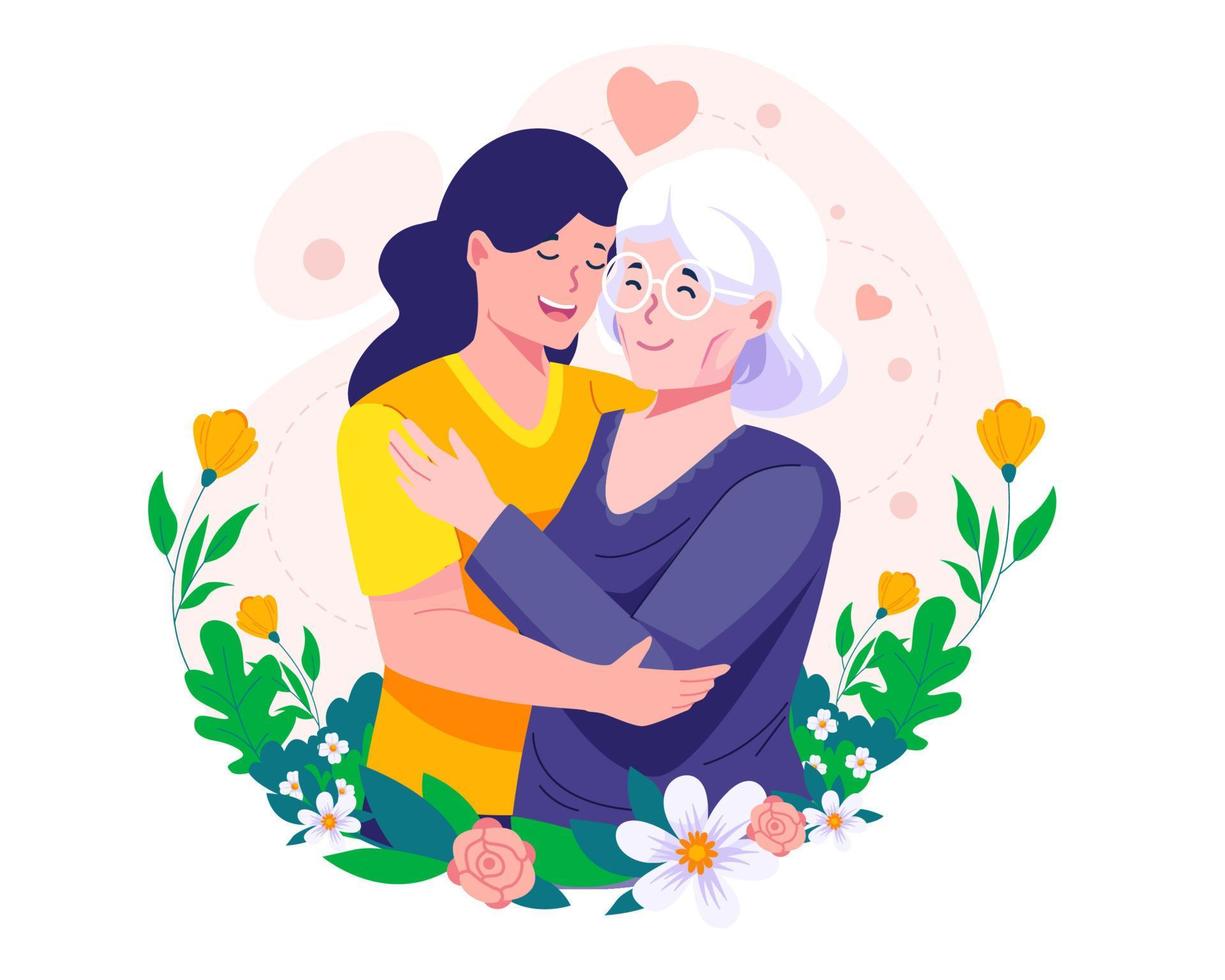 Happy adult daughter hugging her old mother with love. Mother and daughter. A young daughter and an old mother embrace each other. Happy Mother's Day Illustration vector