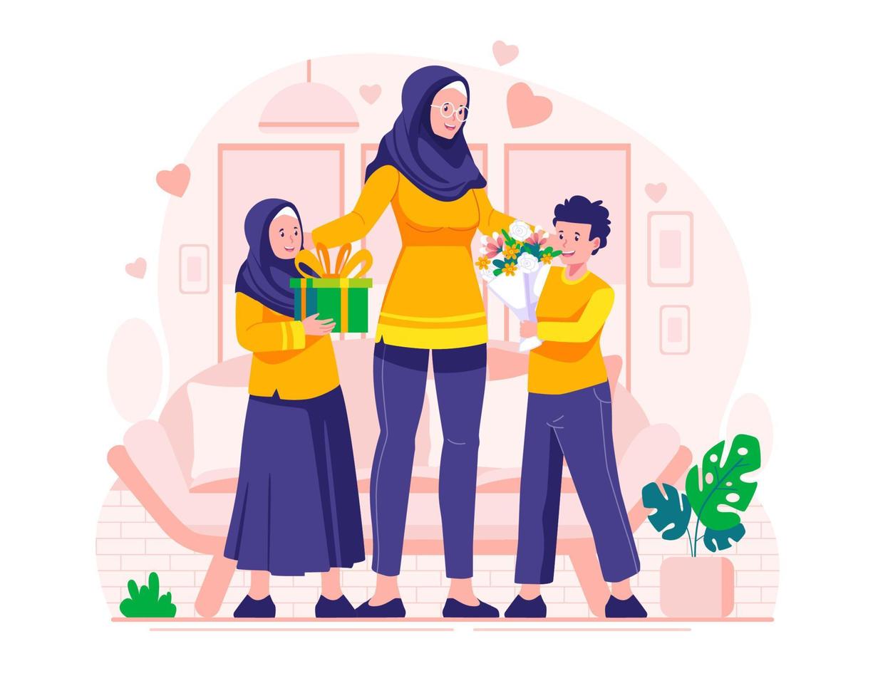 Children give gifts and flowers to mother on Mother's Day. Happy Mother's Day Illustration vector