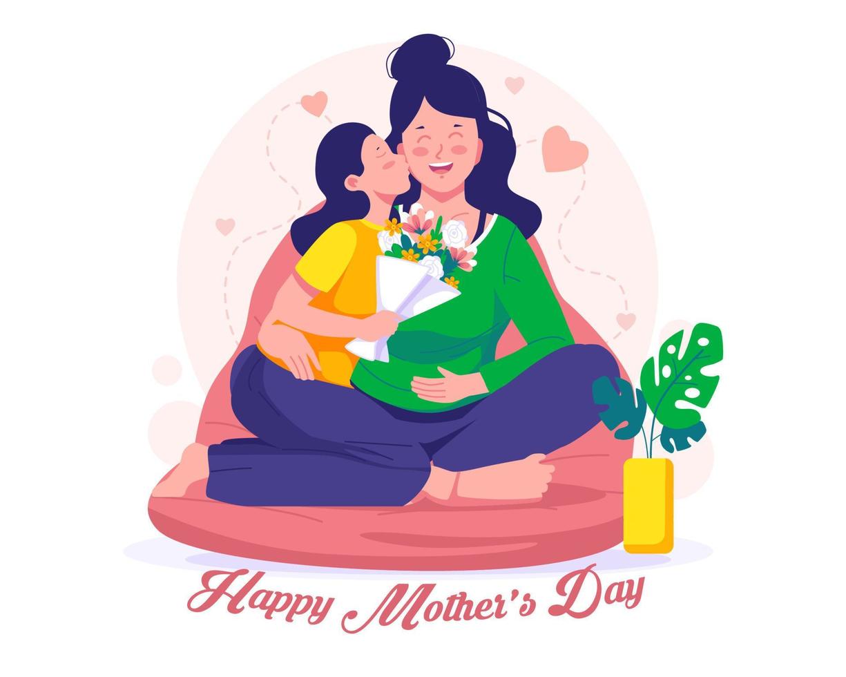 Happy Mother's Day Illustration. The daughter kisses her mother and gives her flowers. Mother and daughter. vector
