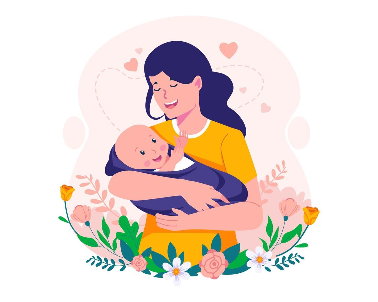 madre participación bebé en brazos. contento de la madre día ilustración. mamá y bebé. contento joven madre con su pequeño linda bebé vector