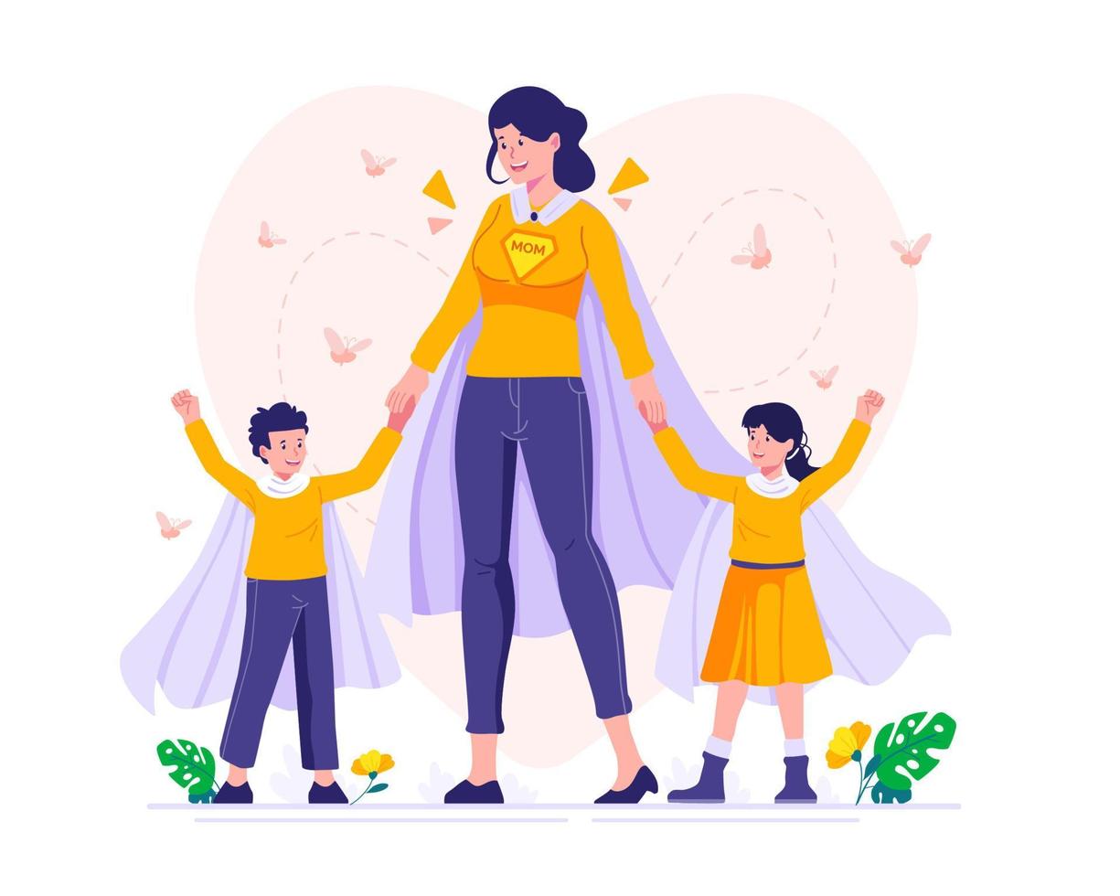 mami, hija, y hijo con superhéroe capas superhéroe mamá con niños. de la madre día ilustración vector