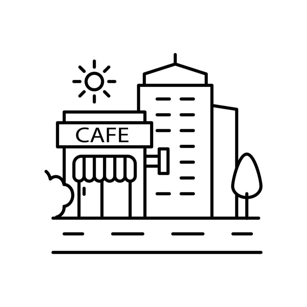 Landscape city cafe line, outline vector sign, linear style pictogram