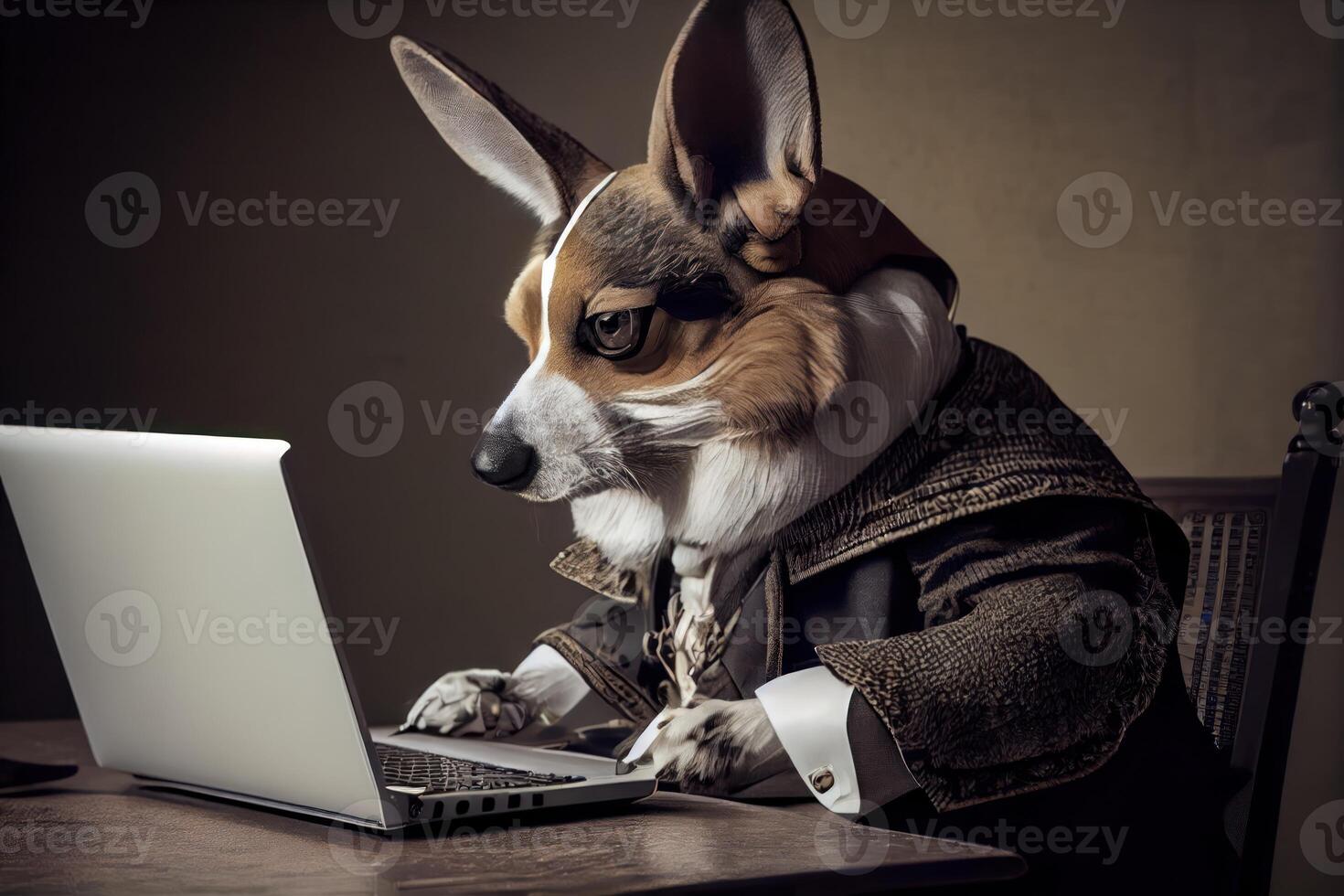 retrato de animal vestido en un formal negocio traje sentar trabajo . ai generado foto