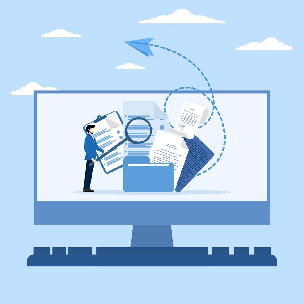 File management or archive documents, cloud storage or file search, computer data reserves or virus scanning, entrepreneurs by increasing magnifying glass for files on computer folder laptops. vector