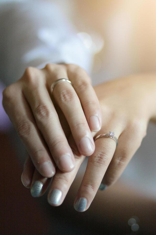 Groom hands holding bride hands with wedding ring in Thai wedding ceremony traditional. photo