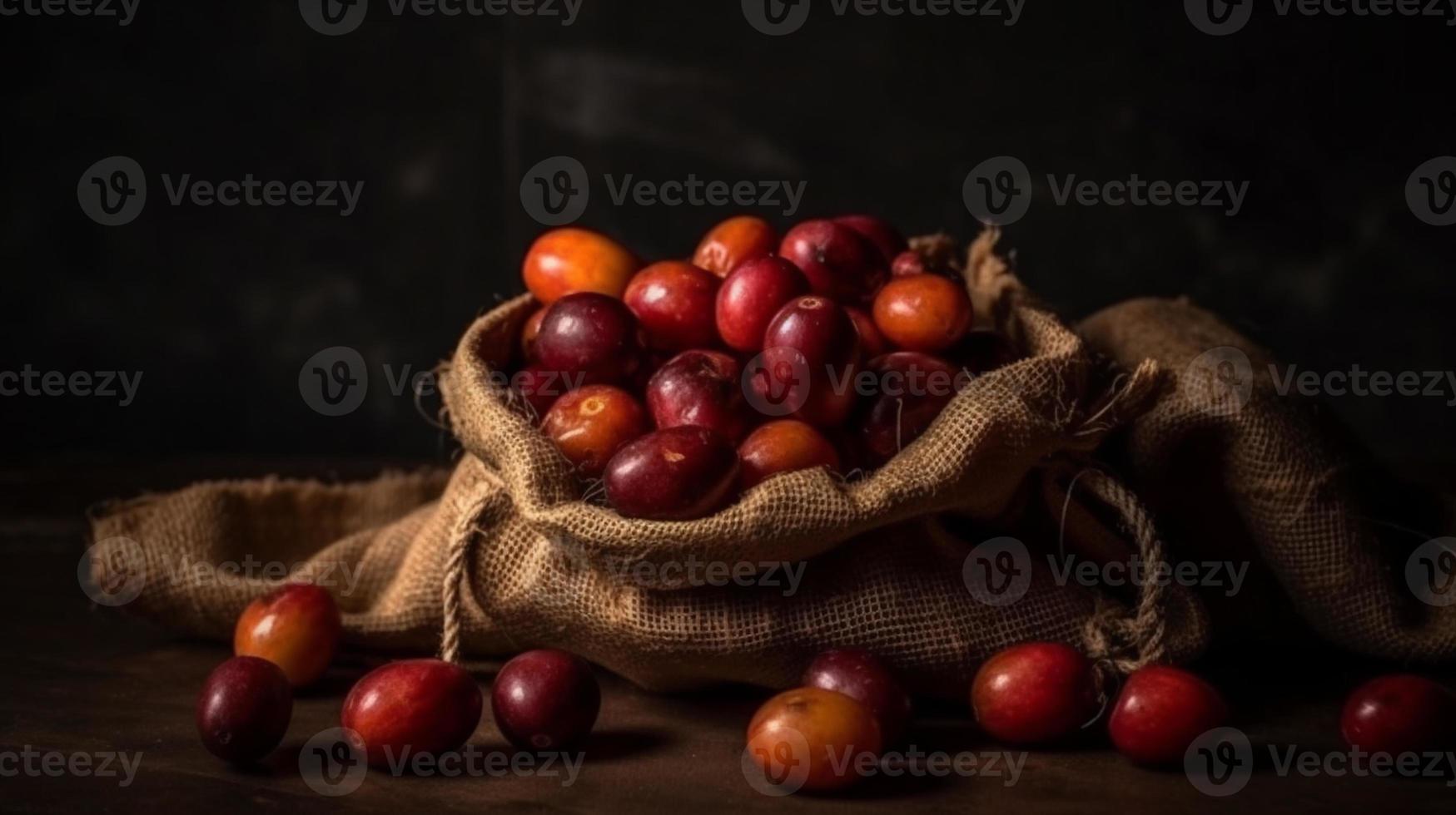 A sack gunny of raw coffee fruits studio shot product photography and good presentation. photo