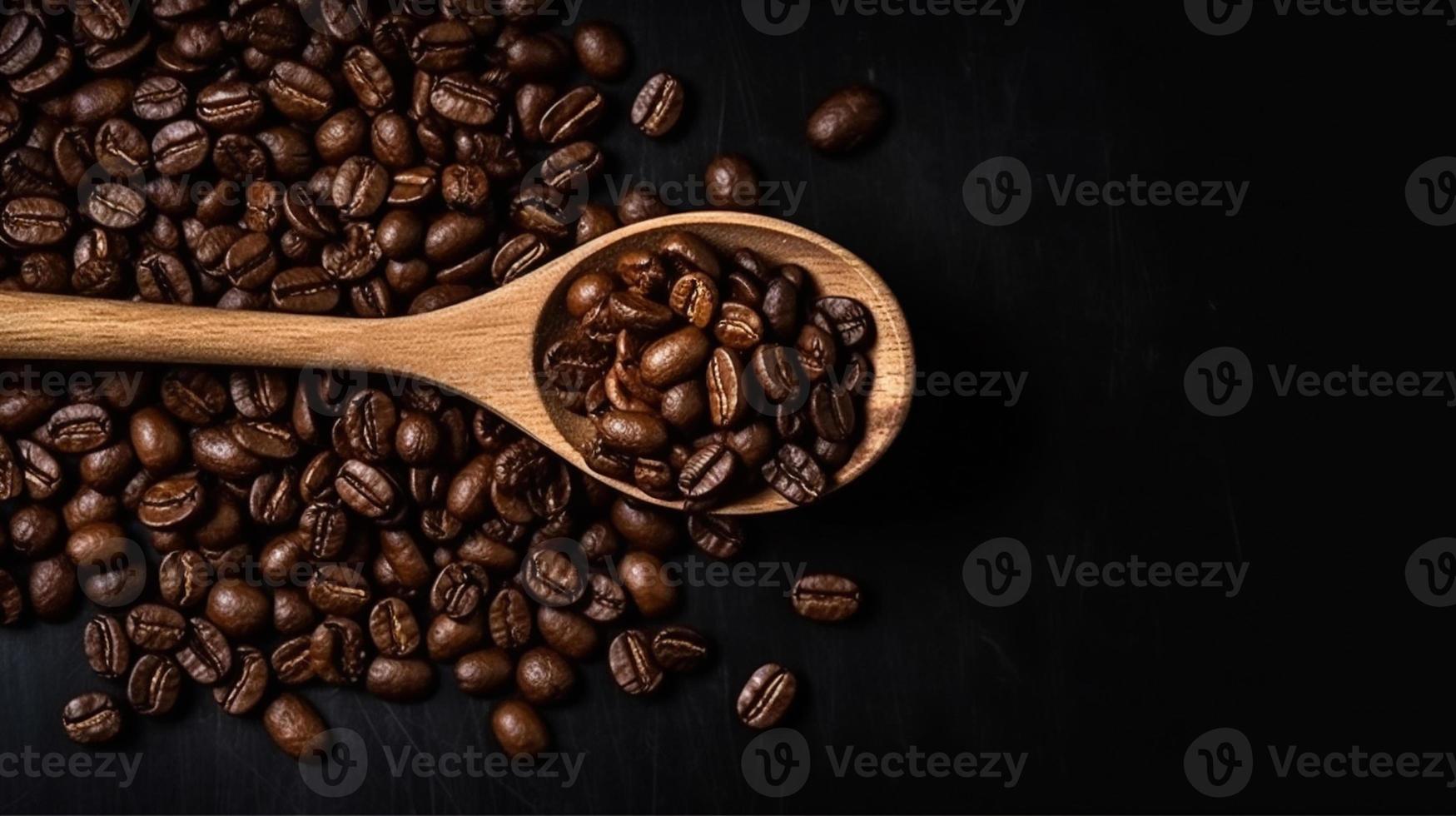 A spoon of roasted dried coffee beans studio shot good for product and marketing with some copy space or for background and backdrop. Flat lay, copy space, close up macro product and studio shot. photo