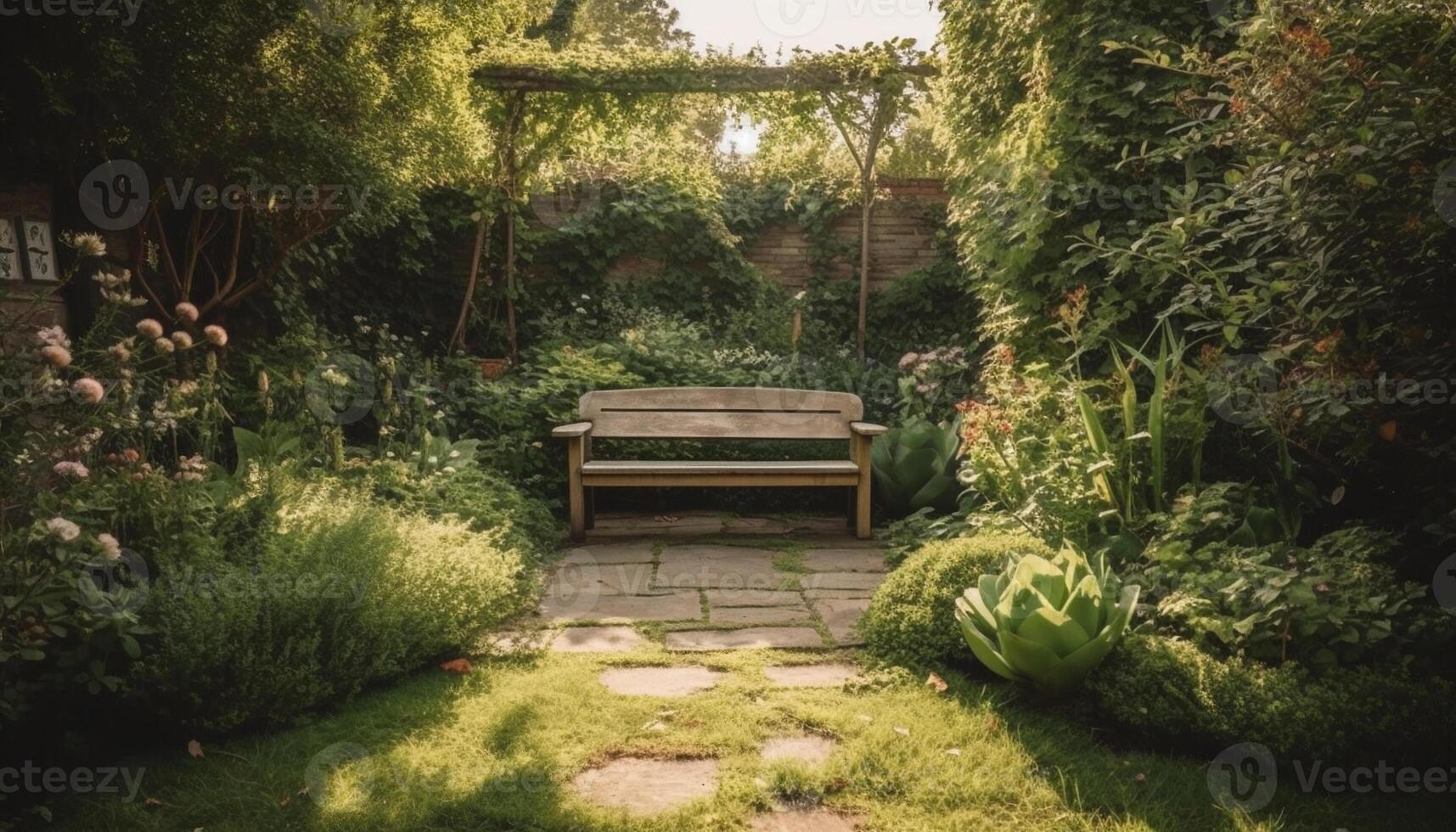 Backyard garden wooden bench a place to sit and relax with nature and plant surround. Background and backdrop. photo