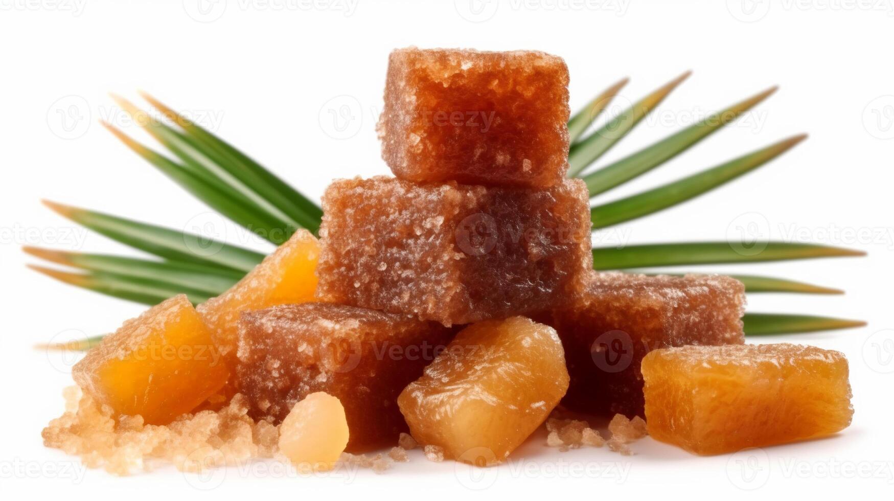 Some cube of brown sugar on isolated on white background copy space. Product presentation studio shot. photo