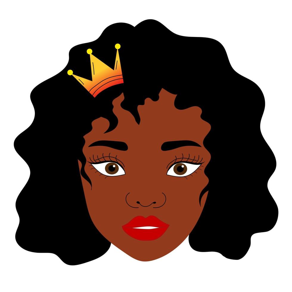 Black woman head with gold crown. Vector illustration of a black girl queen with curly hair. Poster, postcard, avatar.