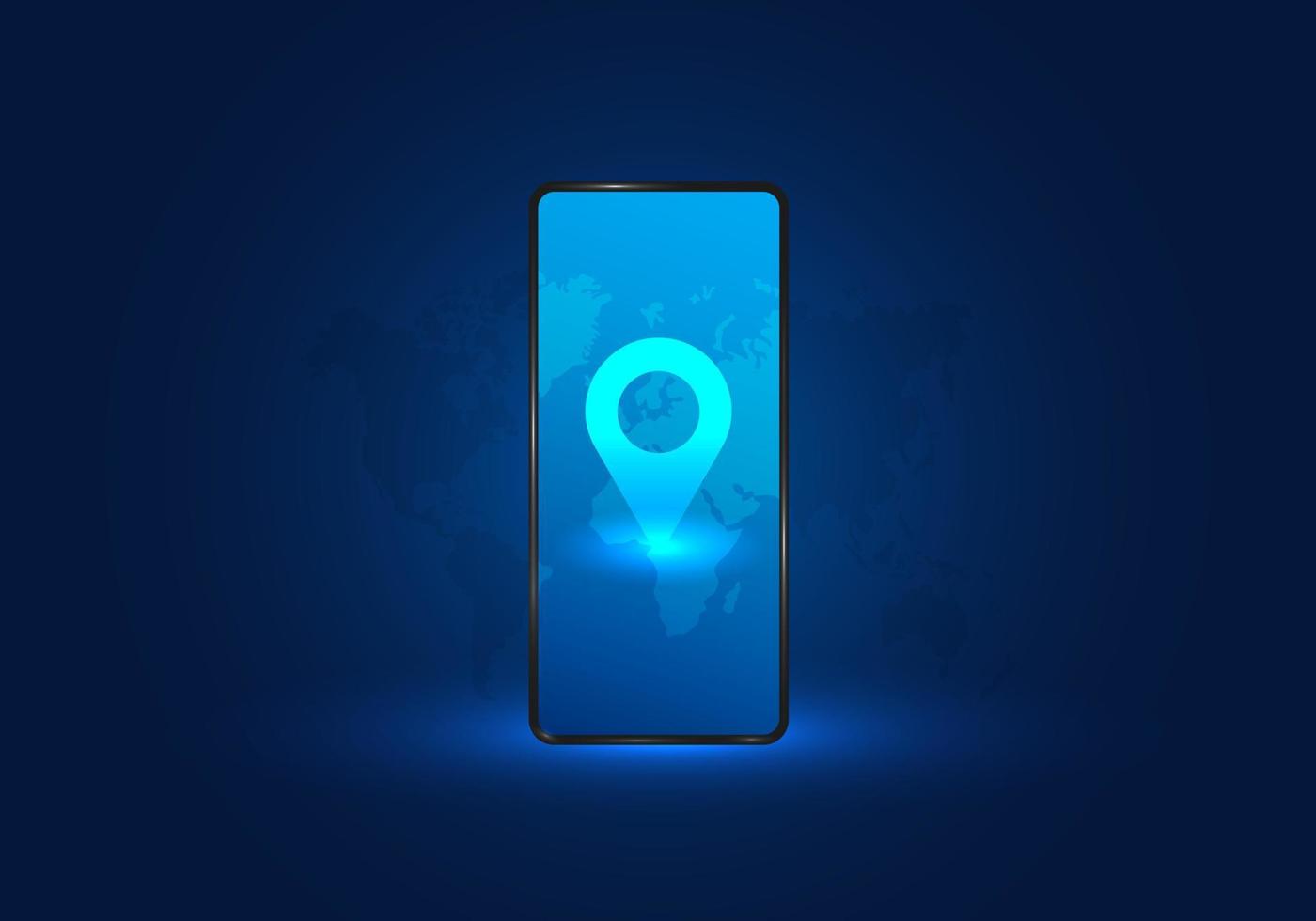 Smartphone technology shows a map of the world By using a network to receive and send data, it makes us aware of the location of the destination that we are traveling to using a mobile phone. vector