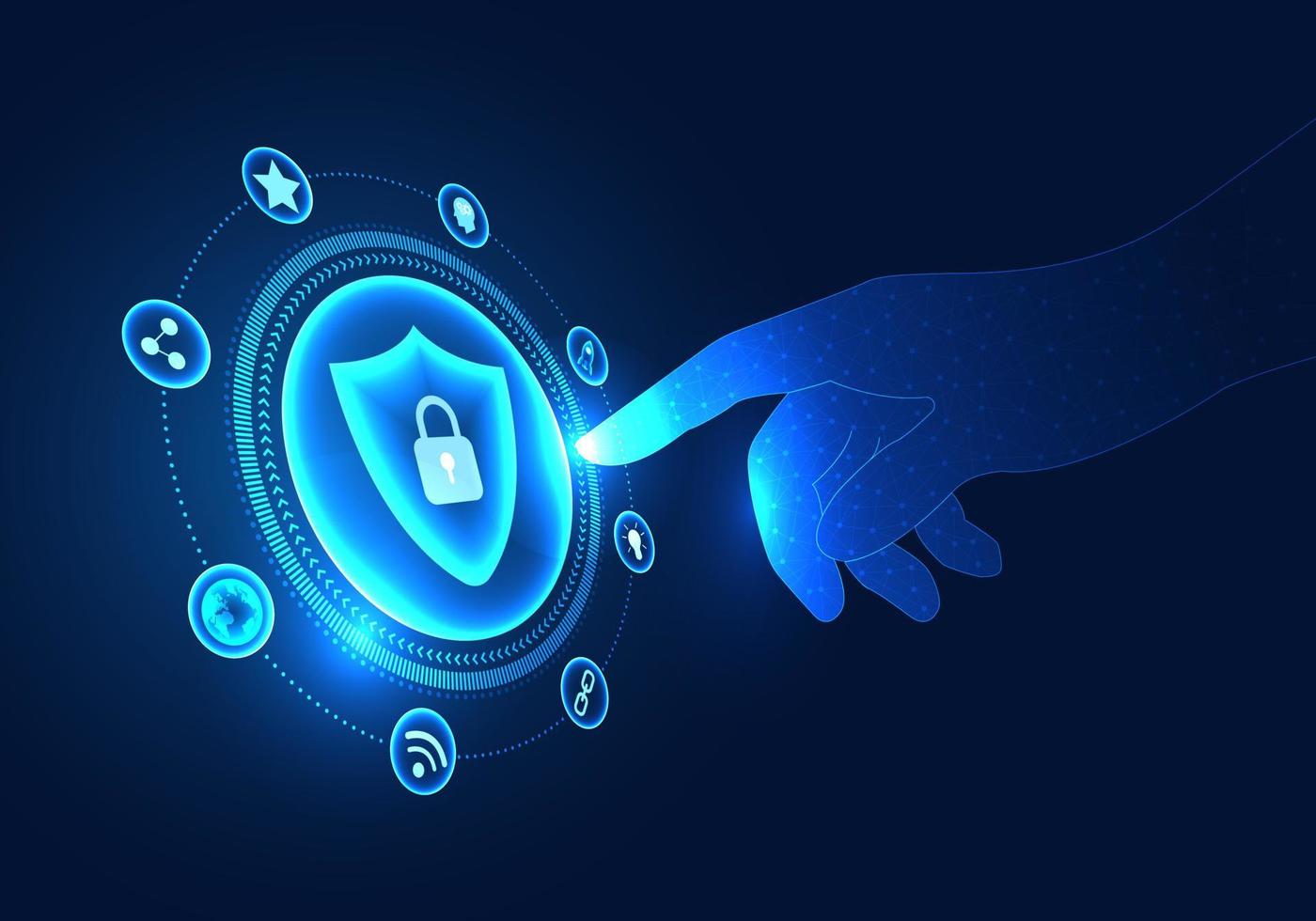 Businessman hand pointing to shield Refers to the technology that businessmen choose to deal with problems within the company, not to lose company or customer data or leak to the internet network vector