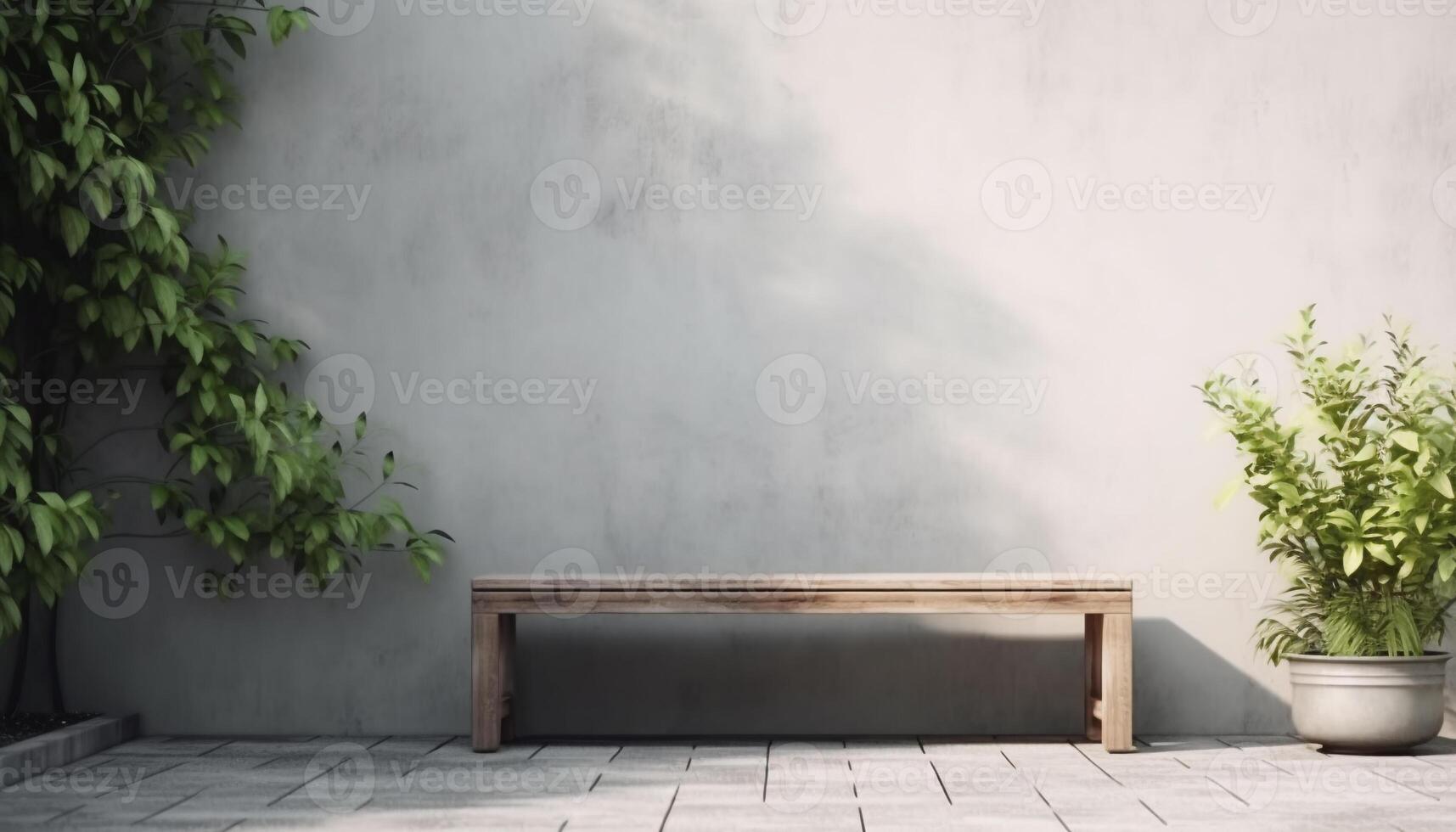 Natural minimalist backyard home with some garden and wooden bench a place to relax and sit. As background and backdrop. photo