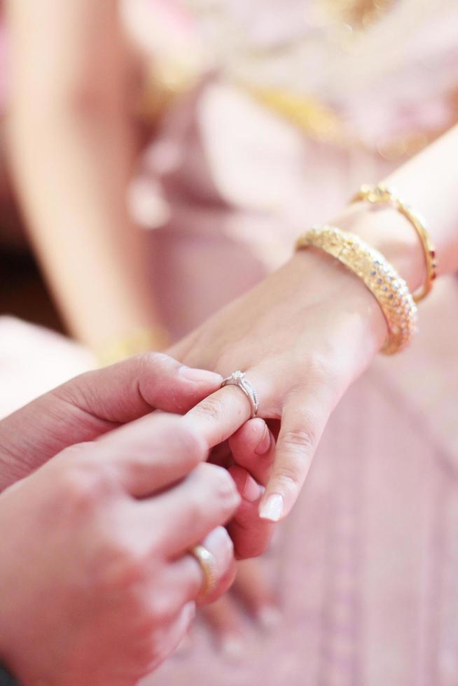 Groom hands holding bride hands with wedding ring in Thai wedding ceremony traditional. photo