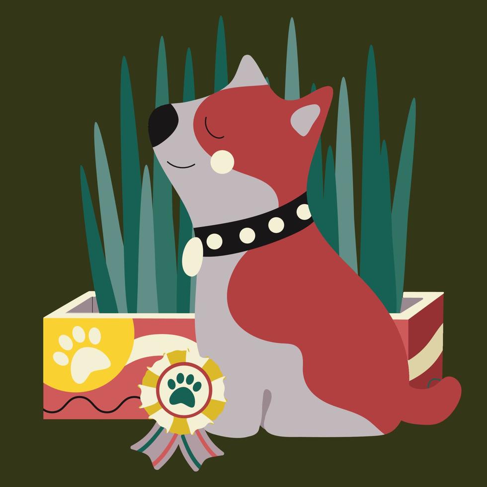 A cute, funny dog is sitting near the grass with an award. vector