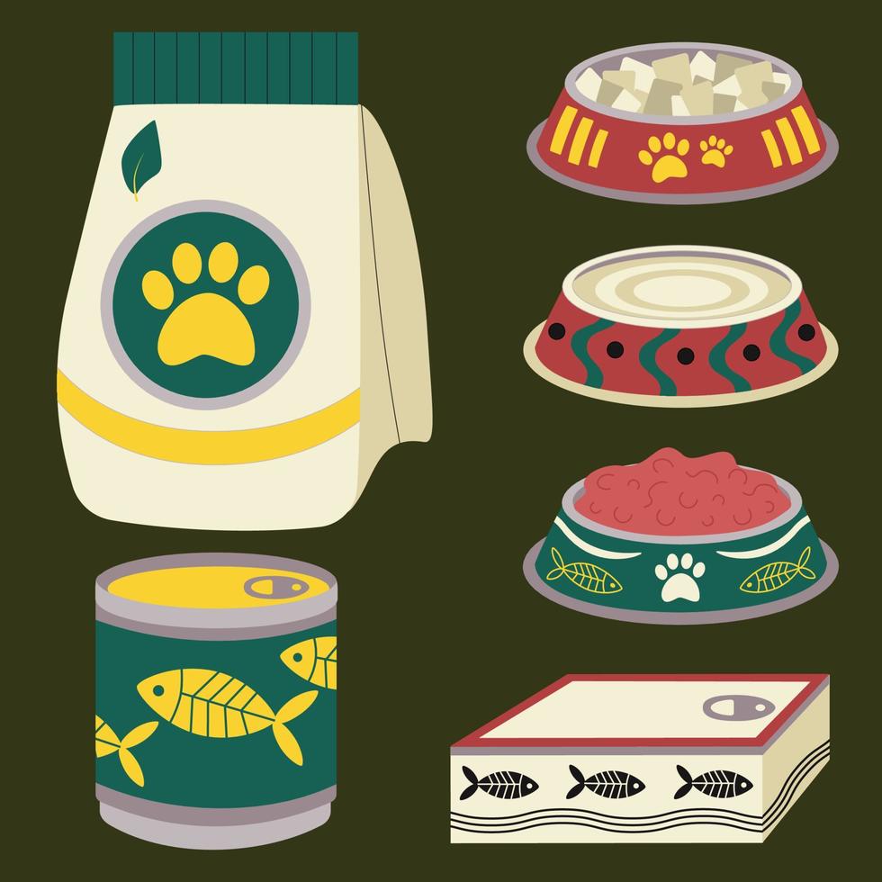 un conjunto de elementos para animales, gatos, perros, alimento, forraje, Enlatado alimento, pez, un plato con forraje. vector