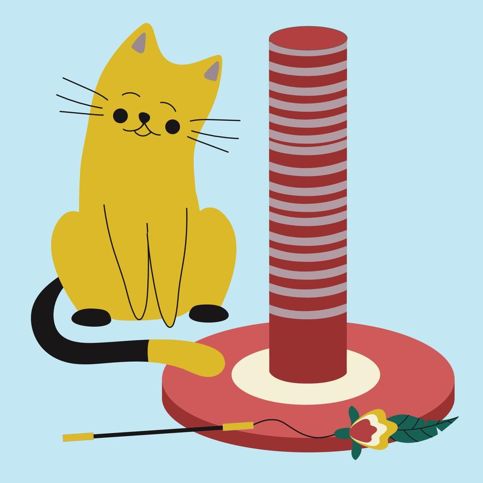 Set of elements for animals, cats, claw sharpener, toy ball on a stick, cute cat. vector