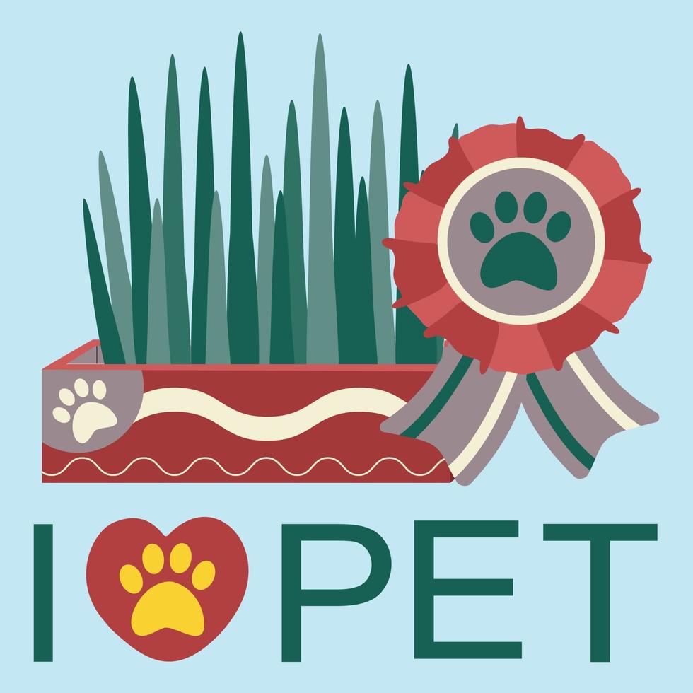 Set of elements for animals, cats, dogs, grass for pets, text I love pet. vector