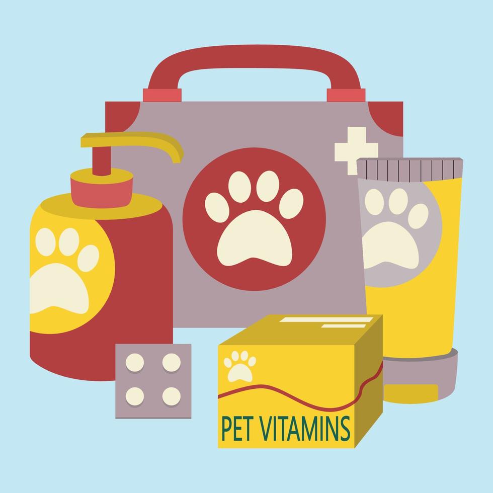Set of elements for animals, cats, dogs, shampoos, vitamins, medicines, first aid kit. vector