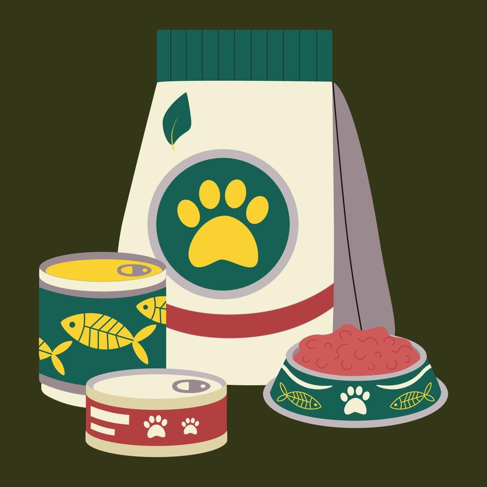 A set of elements for animals, cats, dogs, food, fodder, canned food, fish, a plate with fodder. vector